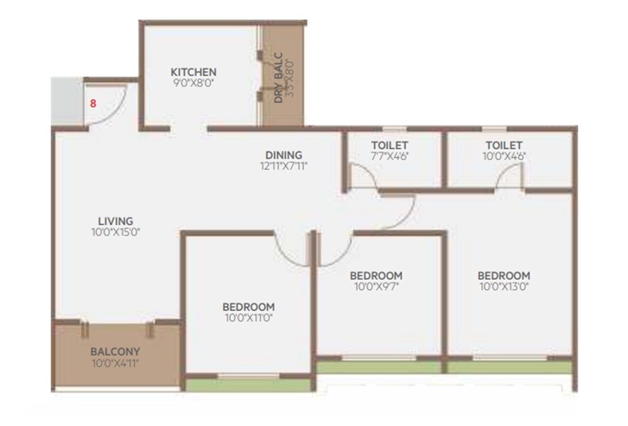 Floor plan of 3 BHK 808 Sq. Ft. Apartment in Pragati Arista, Pune