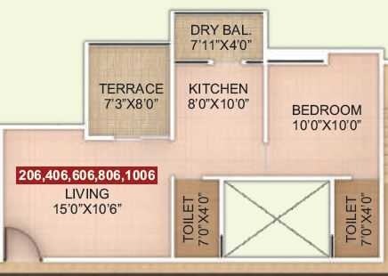 Floor plan of 1 BHK 336 Sq. Ft. Apartment in Pragati Nandini Bellus, Pune