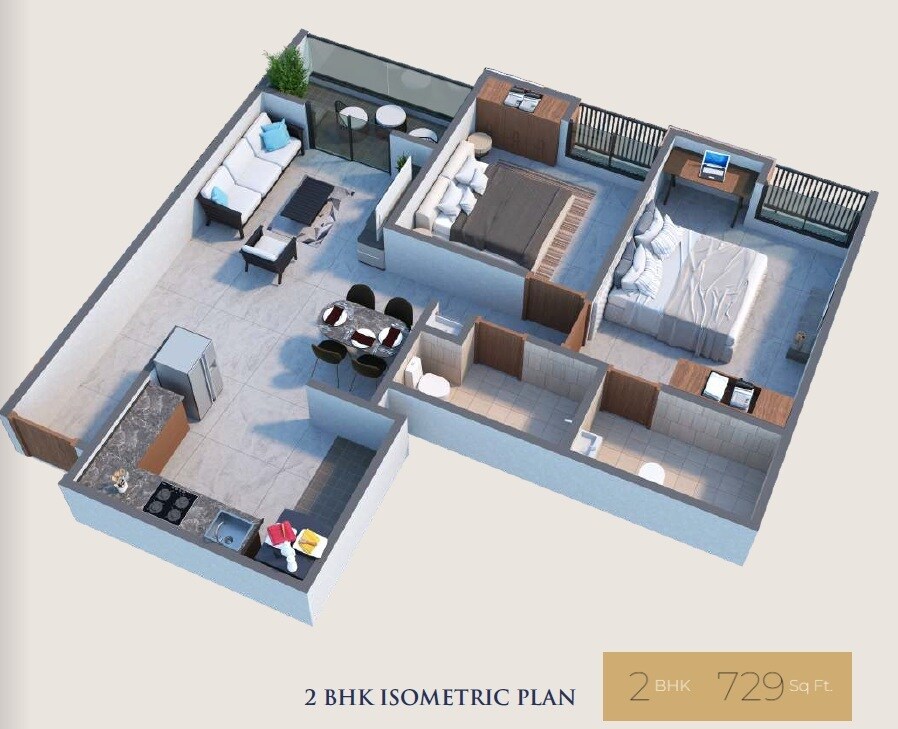 Floor plan of 2 BHK 729 Sq. Ft. Apartment in Pragati Vivesta, Pune