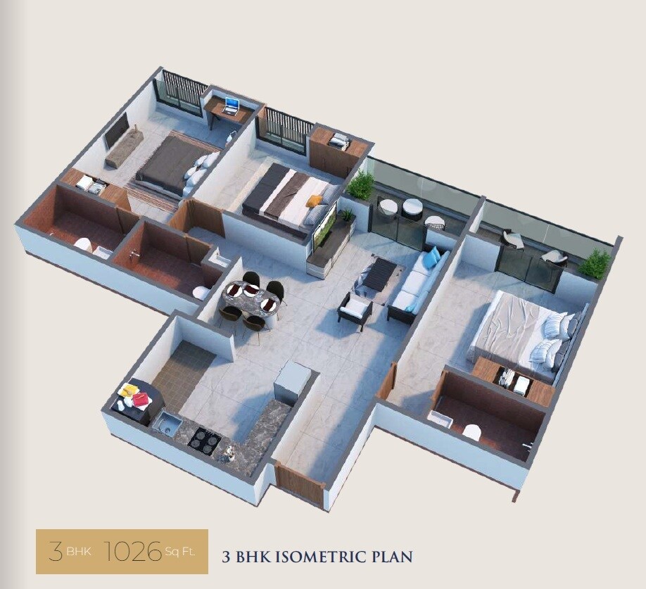 Floor plan of 3 BHK 1026 Sq. Ft. Apartment in Pragati Vivesta, Pune