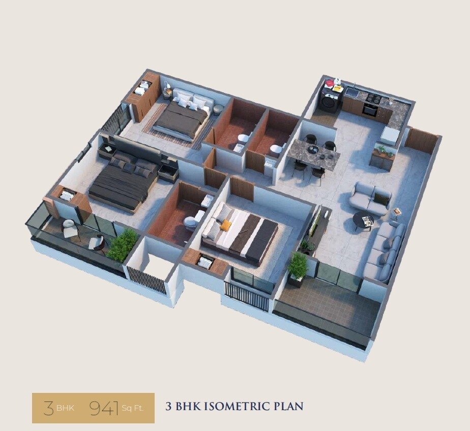 Floor plan of 3 BHK 941 Sq. Ft. Apartment in Pragati Vivesta, Pune