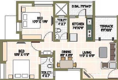 Floor plan of 2 BHK 975 Sq. Ft. Apartment in Prakash Gurukrupa Residency, Pune