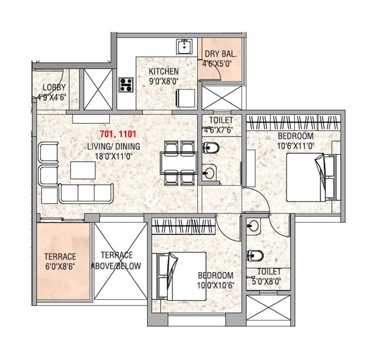 Floor plan of 2 BHK 635 Sq. Ft. Apartment in Prakash Royal Elegance, Pune