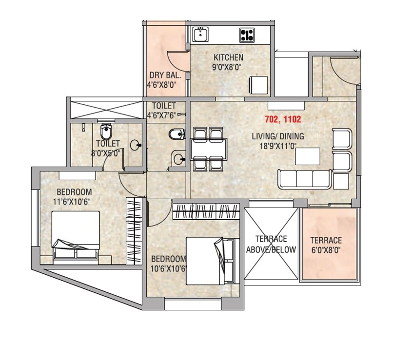 Floor plan of 2 BHK 658 Sq. Ft. Apartment in Prakash Royal Elegance, Pune