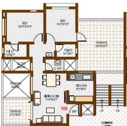 Floor plan of 2 BHK 743 Sq. Ft. Apartment in Prakash Viva City, Pune