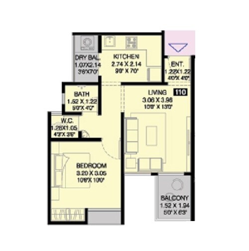 Floor plan of 1 BHK 478 Sq. Ft. Apartment in Prakruti Palladium, Pune