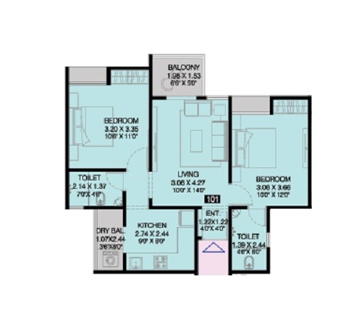 Floor plan of 2 BHK 654 Sq. Ft. Apartment in Prakruti Palladium, Pune