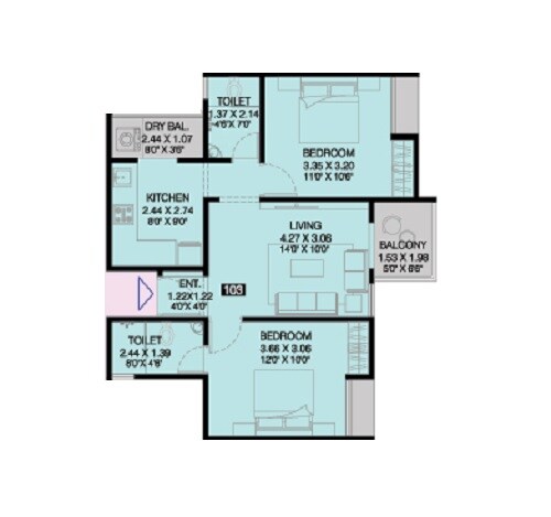 Floor plan of 2 BHK 664 Sq. Ft. Apartment in Prakruti Palladium, Pune