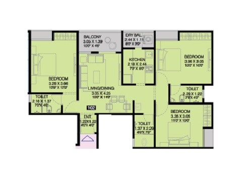 Floor plan of 3 BHK 916 Sq. Ft. Apartment in Prakruti Palladium, Pune