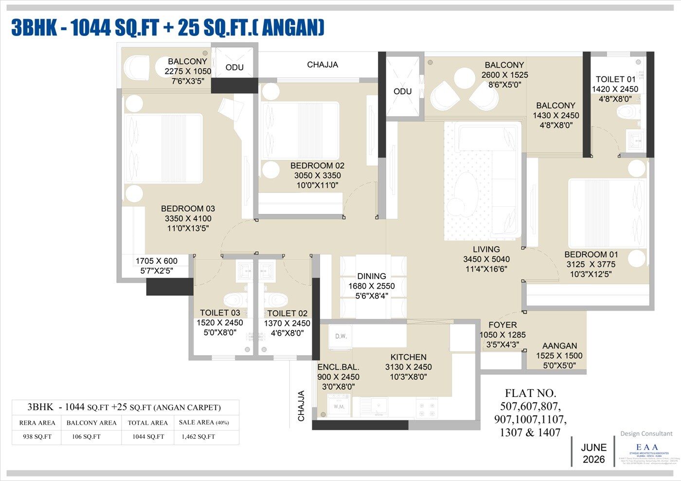 Floor plan of 3 BHK Apartment - 1044 sq. ft. in Prapti Celestia Heights, Pune