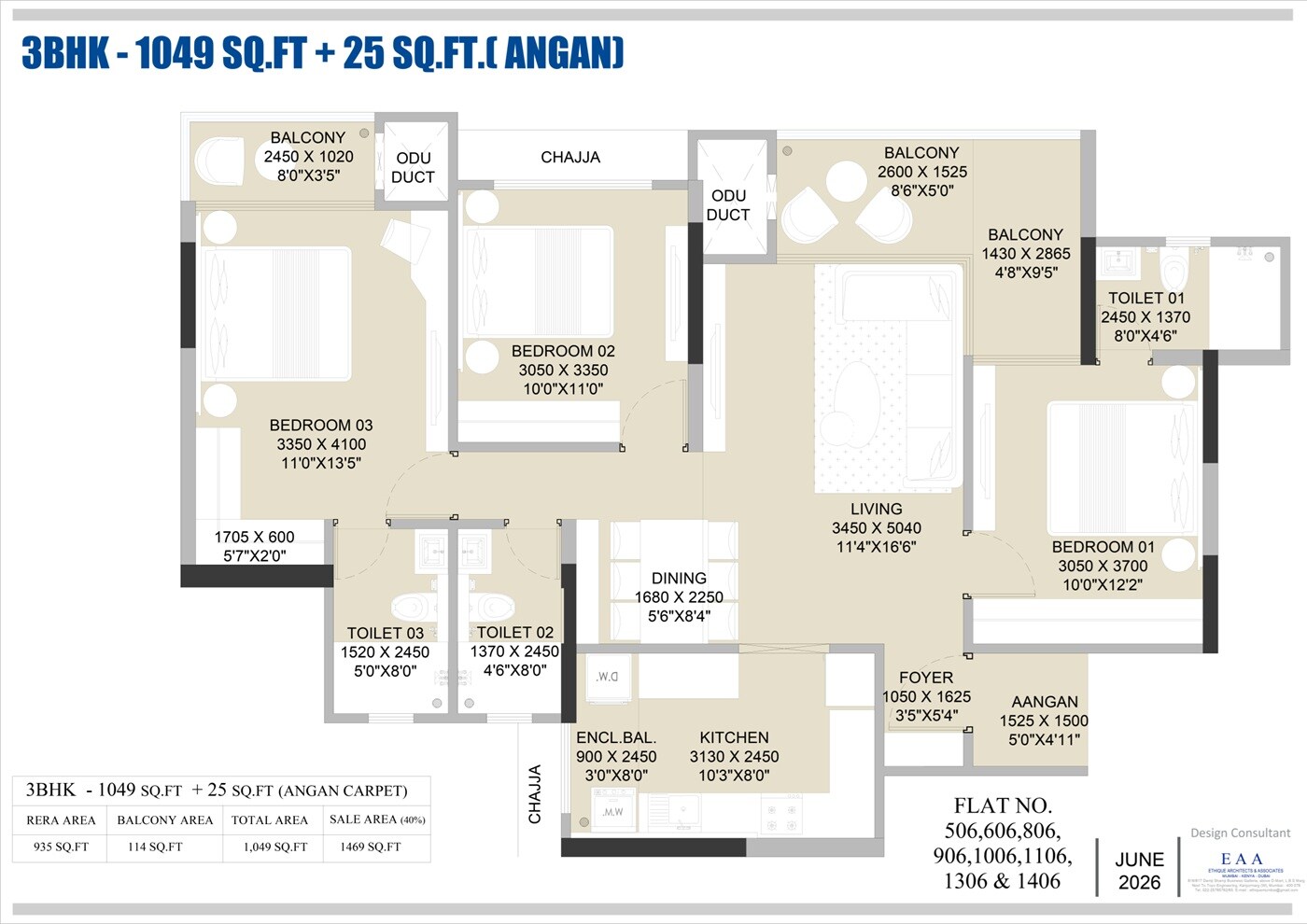 Floor plan of 4 BHK Apartment - 1049 sq. ft. in Prapti Celestia Heights, Pune