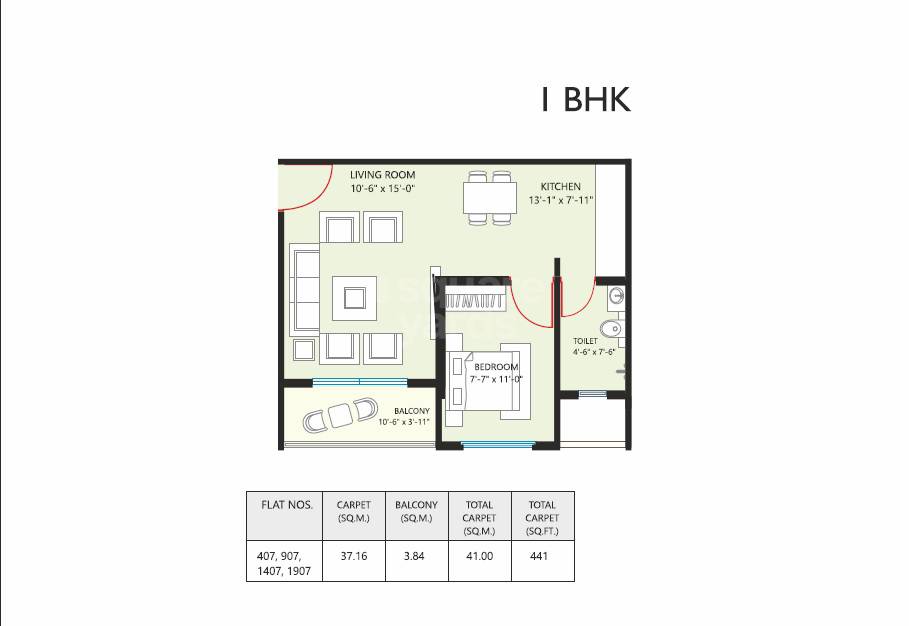 Floor plan of 1 BHK 441 Sq. Ft. Apartment in Prasanna Param, Pune