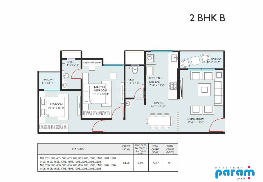 Floor plan of 2 BHK 781 Sq. Ft. Apartment in Prasanna Param, Pune