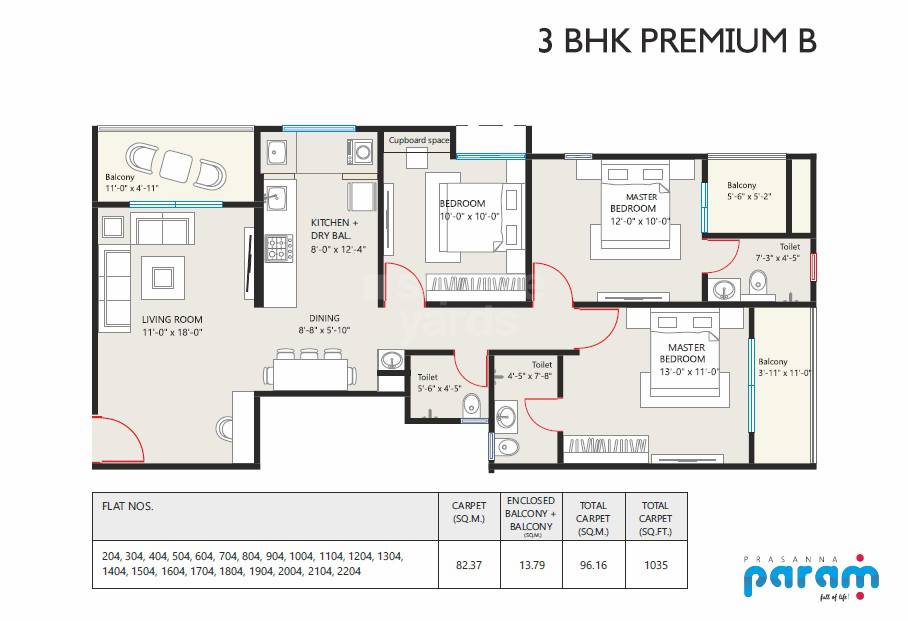 Floor plan of 3 BHK 1035 Sq. Ft. Apartment in Prasanna Param, Pune
