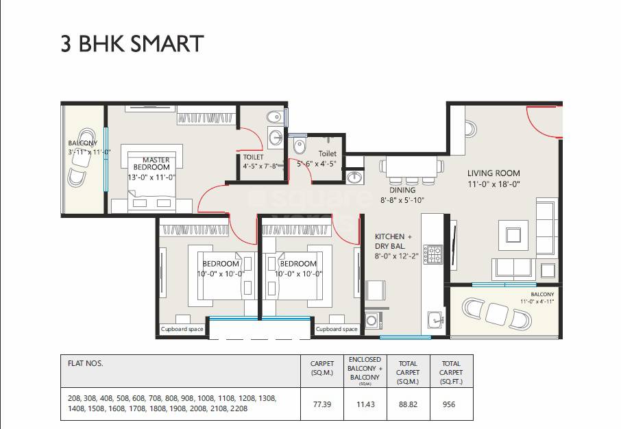 Floor plan of 3 BHK 956 Sq. Ft. Apartment in Prasanna Param, Pune