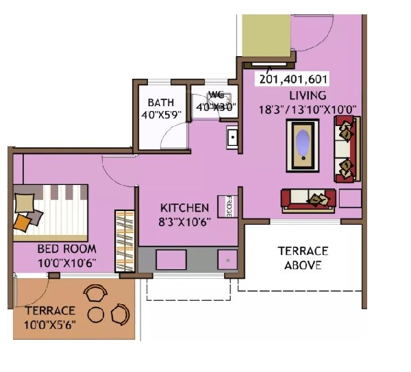 Floor plan of 1 BHK 385 Sq. Ft. Apartment in Prasiddhi Shruti Push, Pune