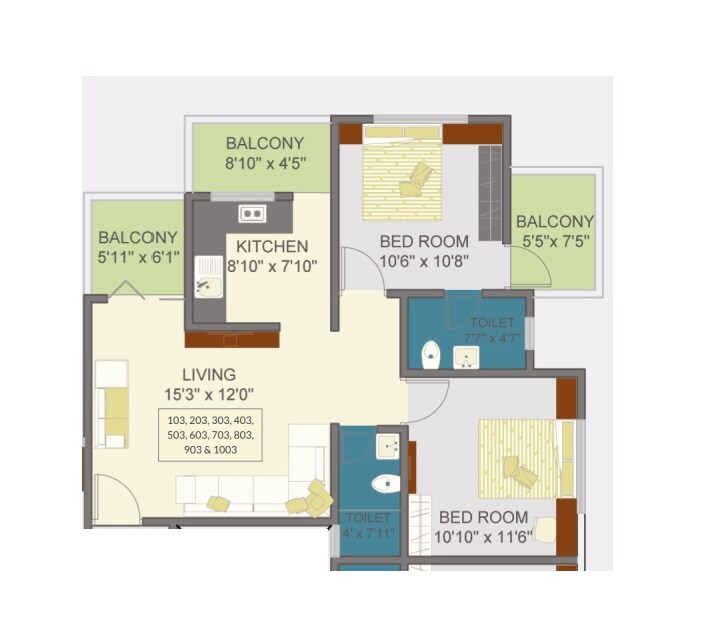 Floor plan of 2 BHK 577 Sq. Ft. Apartment in Prasiddhi Tatavam Residency, Pune