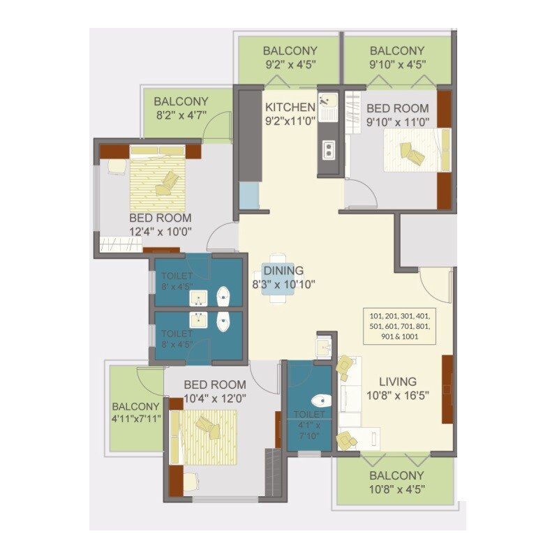Floor plan of 3 BHK 822 Sq. Ft. Apartment in Prasiddhi Tatavam Residency, Pune