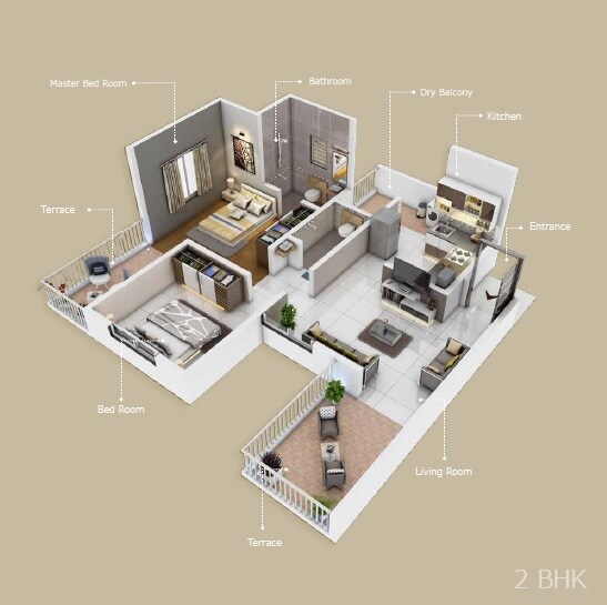 Floor plan of 2 BHK 645 Sq. Ft. Apartment in Pratham Yash Vrindavan, Pune