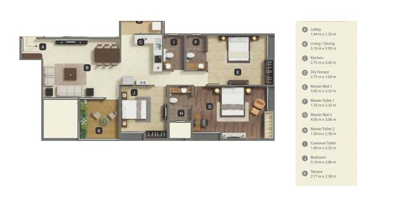 Floor plan of 3 BHK 979 Sq. Ft. Apartment in Prathamesh Gallardo, Pune