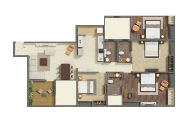 Floor plan of 3 BHK 966 Sq. Ft. Apartment in Prathamesh Gallardo, Pune