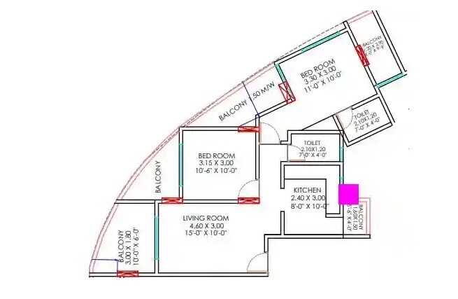 Floor plan of 2 BHK 588 Sq. Ft. Apartment in Prathamesh Samaira Tower, Pune