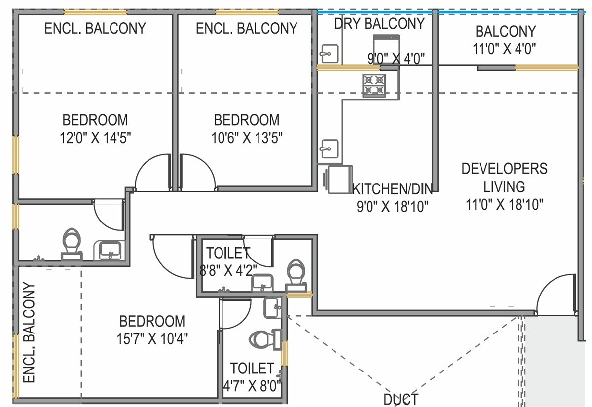 Floor plan of 3 BHK 1152 Sq. Ft. Apartment in Prathamesh Sanskruti, Pune