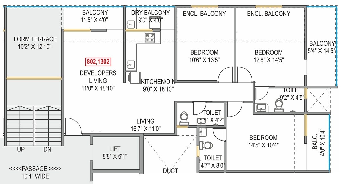 Floor plan of 3 BHK 1265 Sq. Ft. Apartment in Prathamesh Sanskruti, Pune