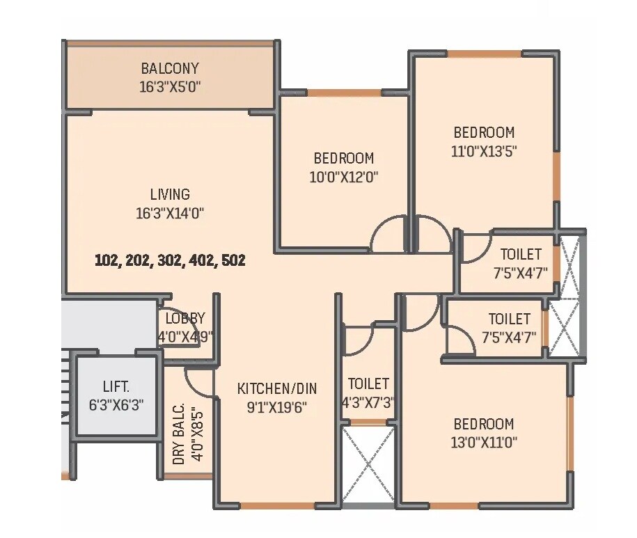 Floor plan of 3 BHK 1032 Sq. Ft. Apartment in Prathamesh Shreeprabha, Pune