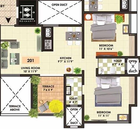 Floor plan of 2 BHK 819 Sq. Ft. Apartment in Prathamesh Shubham Siddhi, Pune