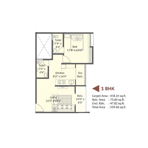 Floor plan of 1 BHK Apartment - 540 sq. ft. in Prathmesh Daffodil Homes, Pune