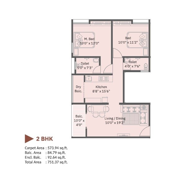 Floor plan of 2 BHK Apartment - 751 sq. ft. in Prathmesh Daffodil Homes, Pune