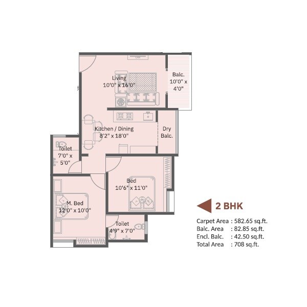 Floor plan of 2 BHK Apartment - 708 sq. ft. in Prathmesh Daffodil Homes, Pune