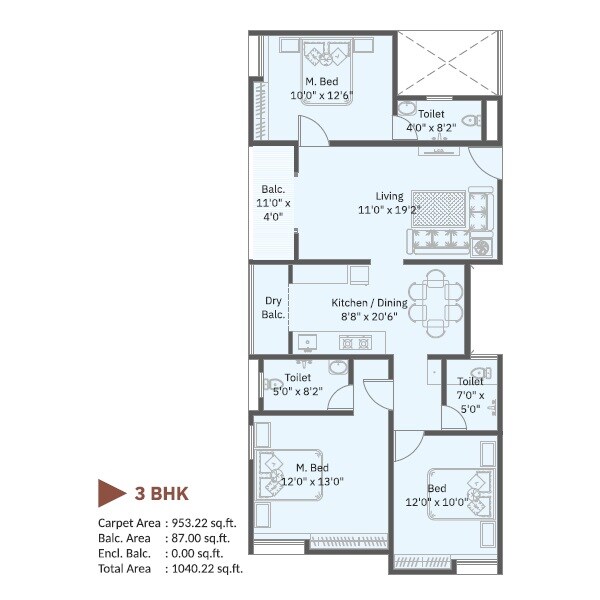 Floor plan of 3 BHK Apartment - 1040 sq. ft. in Prathmesh Daffodil Homes, Pune