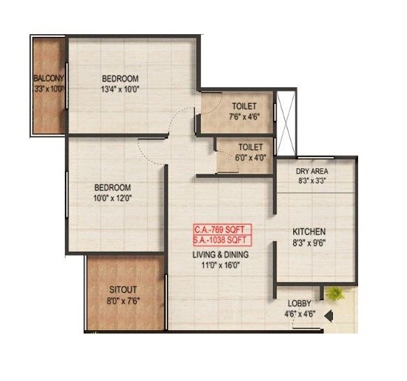 Floor plan of 2 BHK 769 Sq. Ft. Apartment in Pratideep Fortune Flora, Pune