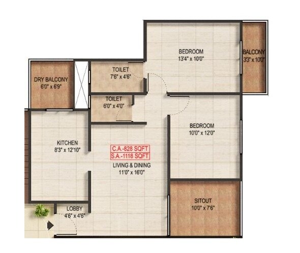 Floor plan of 2 BHK 828 Sq. Ft. Apartment in Pratideep Fortune Flora, Pune
