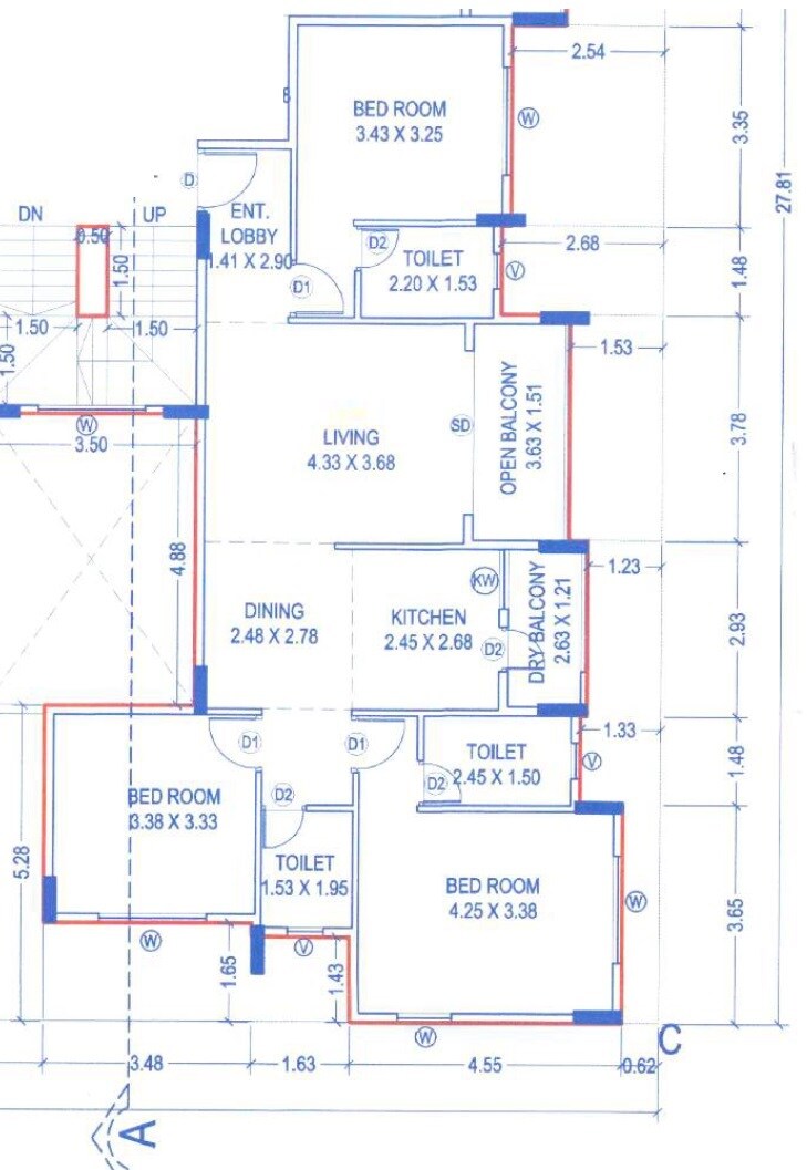 Floor plan of 3 BHK 1326 Sq. Ft. Apartment in Premanand CHS, Pune