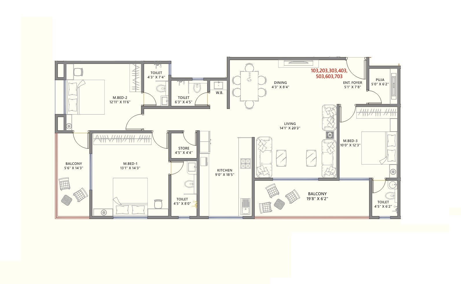Floor plan of 3 BHK 1200 Sq. Ft. Apartment in Prestige Swastik Homes, Pune