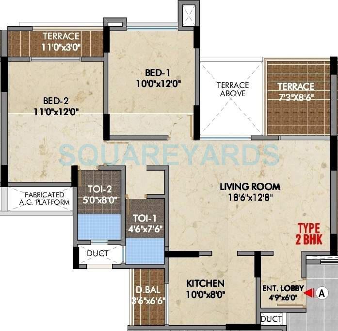 Floor plan of 2 BHK 759 Sq. Ft. Apartment in Pride Aashiyana, Pune