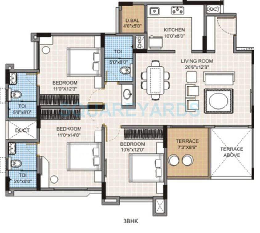 Floor plan of 3 BHK 979 Sq. Ft. Apartment in Pride Aashiyana, Pune