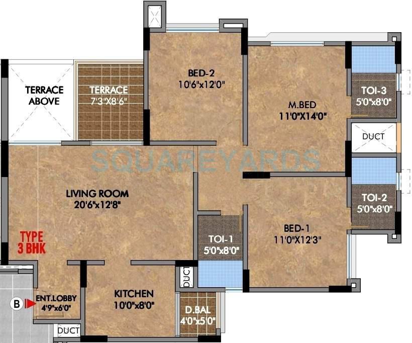 Floor plan of 3 BHK 840 Sq. Ft. Apartment in Pride Aashiyana, Pune