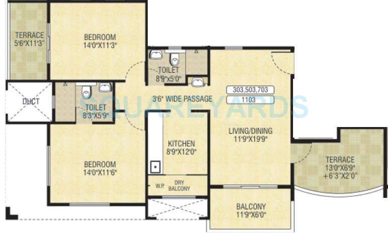 Floor plan of 2 BHK 1309 Sq. Ft. Apartment in Pride Aloma County, Pune