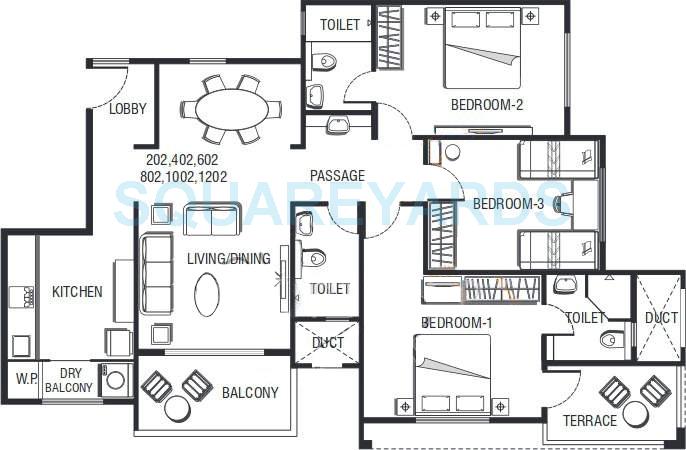 Floor plan of 3 BHK 1590 Sq. Ft. Apartment in Pride Aloma County, Pune