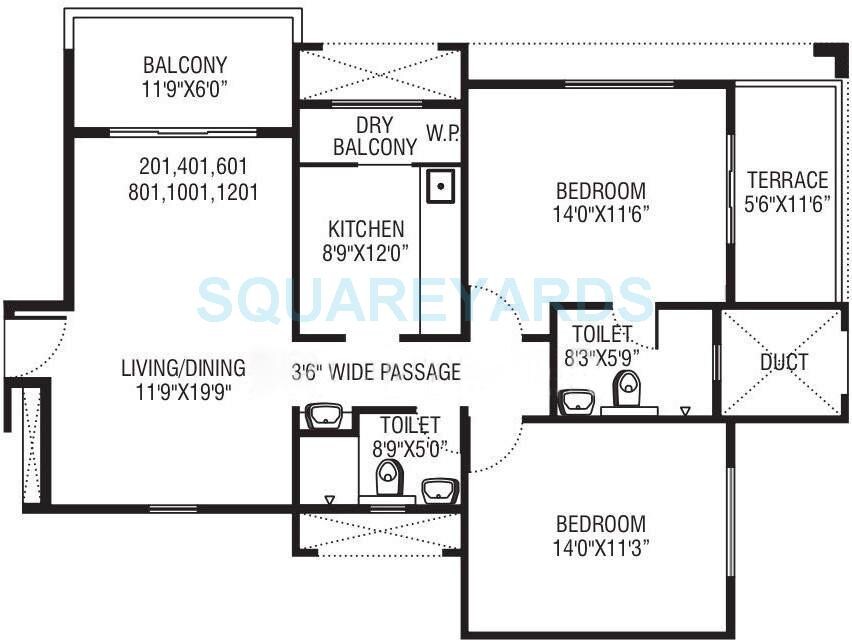 Floor plan of 2 BHK 1206 Sq. Ft. Apartment in Pride Irene Tower, Pune