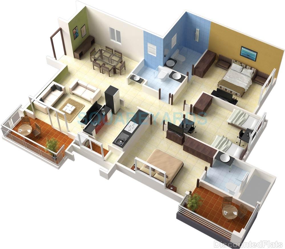 Floor plan of 3 BHK 1553 Sq. Ft. Apartment in Pride Irene Tower, Pune