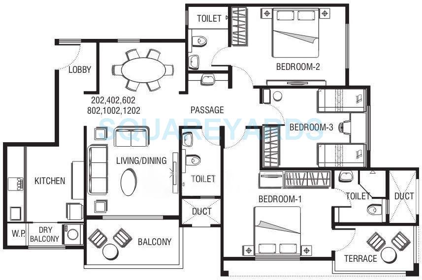 Floor plan of 3 BHK 1593 Sq. Ft. Apartment in Pride Irene Tower, Pune