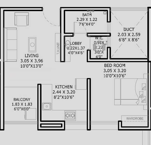Floor plan of 1 BHK 408 Sq. Ft. Apartment in Pride Nandanvan, Pune