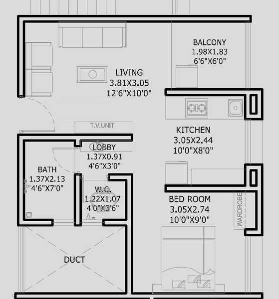Floor plan of 1 BHK 585 Sq. Ft. Apartment in Pride Nandanvan, Pune