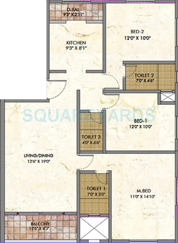 Floor plan of 3 BHK 1335 Sq. Ft. Apartment in Pride Purple Panorama, Pune
