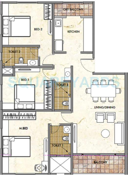 Floor plan of 3 BHK 1337 Sq. Ft. Apartment in Pride Purple Panorama, Pune
